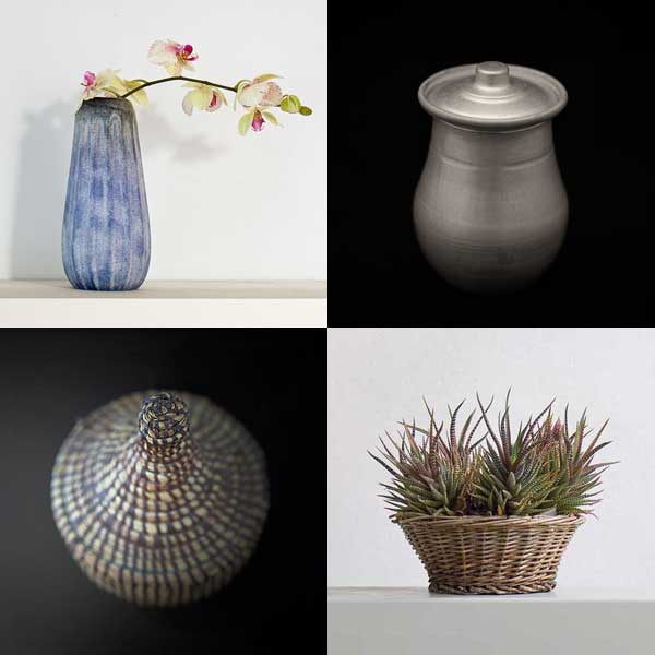 still-life pictures: table 18, with vase, canister and basket